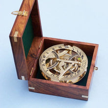 Load image into Gallery viewer, Solid Brass Round Sundial Compass w/ Rosewood Box