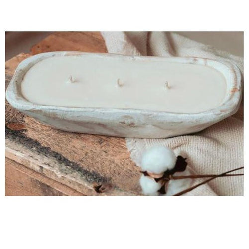 3 Wick Distressed White Wooden Dough Bowl Soy Candle